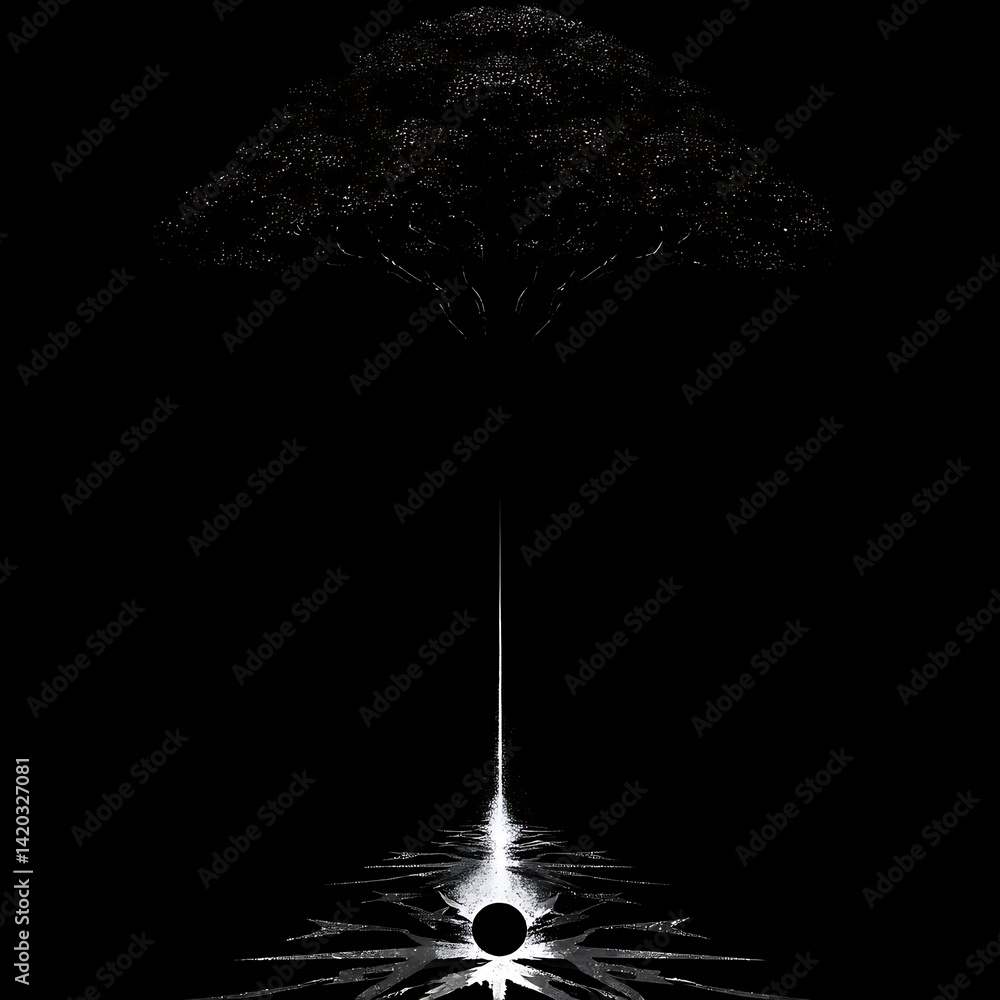 Poster tree of life descending into the void with dark energy emanating from a mysterious light beam.