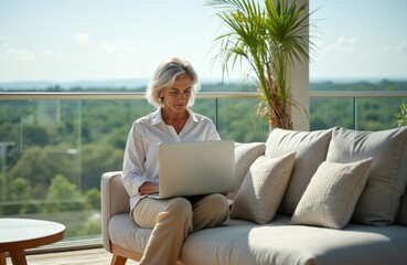 Fototapeta premium Mature woman using laptop on outdoor terrace. Female works remotely, typing on computer. Sits on sofa, enjoying sunny day. Background shows green nature, blue sky, creating relaxing atmosphere.