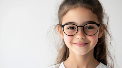 Obraz premium Smiling girl with glasses against a plain background