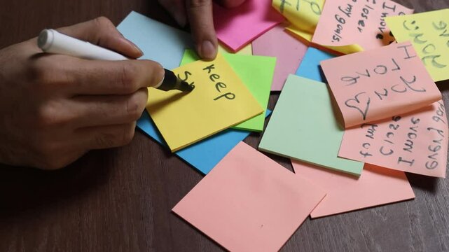 Close-up shot of hands writing the motivational phrase keep smile on a yellow sticky note surrounded by scattered pastel-colored memo pads on a wooden desk surface. The scene captures 