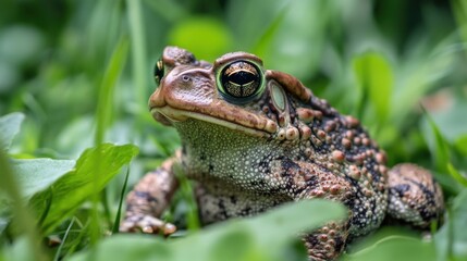 Fototapeta premium A close up photograph of a brown toad in grass