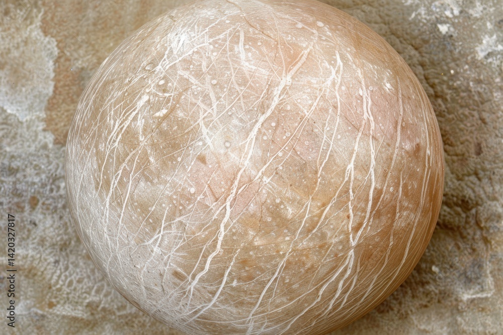 Poster a textured sphere with intricate patterns resembling natural elements, resting against a muted backg