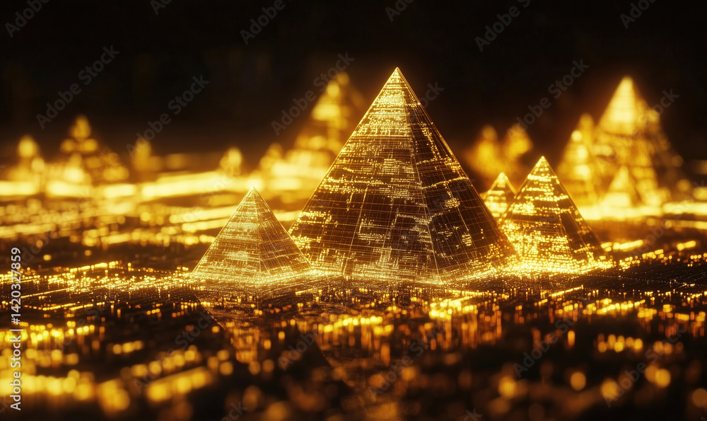 Aufkleber golden pyramids glowing in a digital landscape with intricate patterns and lights.