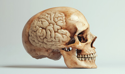 Realistic human skull with detailed brain anatomy illustration for educational purposes.