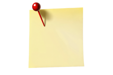 A blank yellow sticky note pinned with a bright red pushpin, ready for your important message or brilliant idea against a clean white background.
