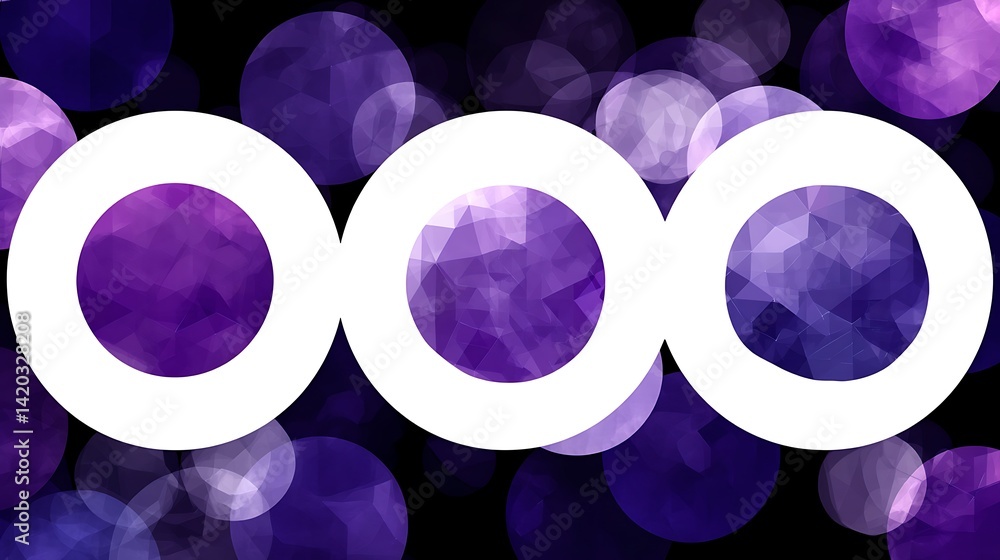 Poster trio of transparent circles overlapping geometric patterns in shades of purple and white design elem