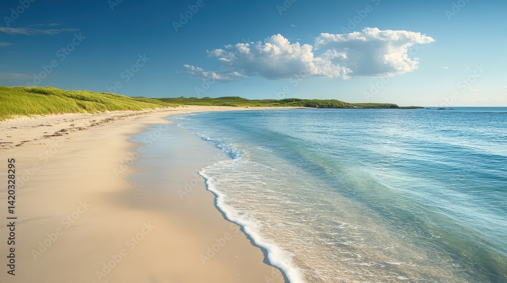 Poster beautiful sandy beach with gentle waves lapping against the shore on a sunny day under a blue sky wi