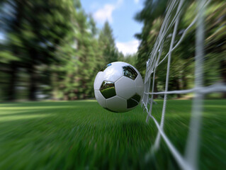 Soccer ball heading towards the goal in a lush green field during a daytime match