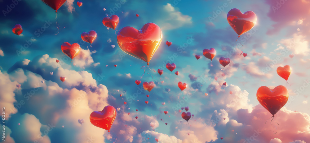 Poster heart-shaped balloons floating in a colorful sky with clouds and soft lighting, copy space for text.