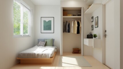 Minimalist bedroom with single artwork and open closet 