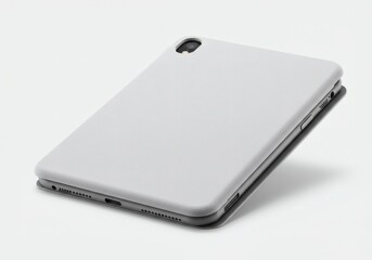 A gray tablet lies within a case angled on a white backdrop