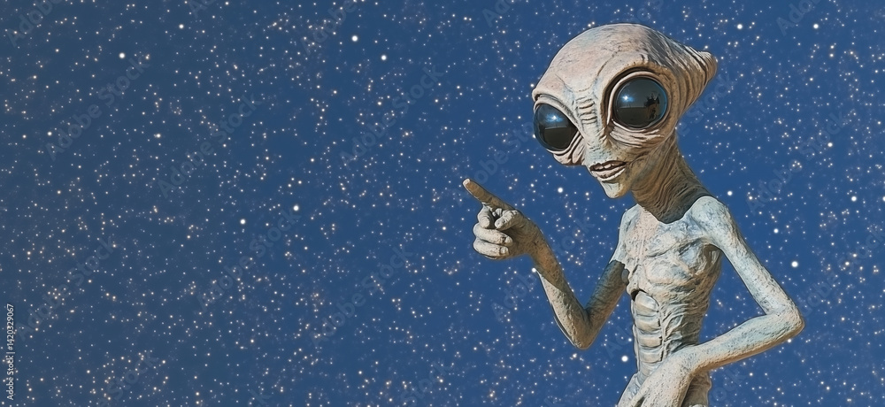 Poster alien character pointing in space with starry background and large expressive eyes, copy space for t