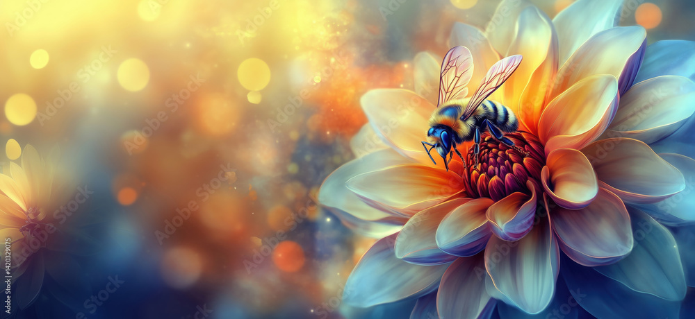 Poster bee on vibrant flower with soft bokeh background in warm tones, copy space for text.