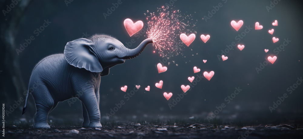 Poster elephant blowing hearts in magical forest setting with soft lighting and dreamy atmosphere, copy spa