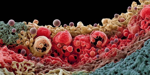 A colorful image of a cell with many red and pink spheres. The image is abstract and has a mood of chaos and disorder
