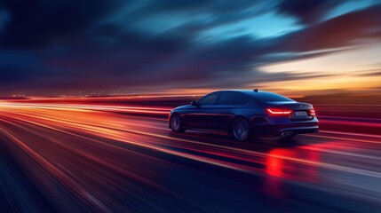 A sleek black car speeding down a highway at dusk, with dynamic light trails creating a sense of motion. The sky is a mix of dark clouds and vibrant sunset colors, enhancing the dramatic effect.