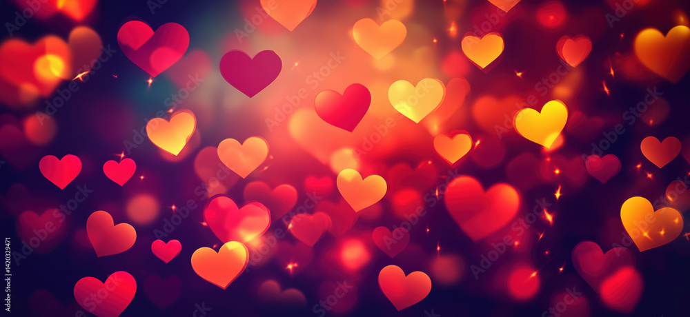 Poster colorful heart shapes floating in a dreamy background with bokeh effect, copy space for text.