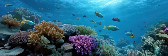 Obraz premium A colorful coral reef with many fish swimming around. The fish are of various colors and sizes, and the coral is vibrant and lively. Concept of wonder and beauty