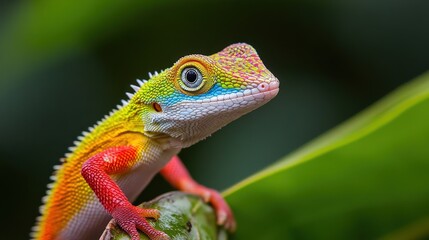 A Colorful Lizard with Striking Eyes Perched on a Leaf