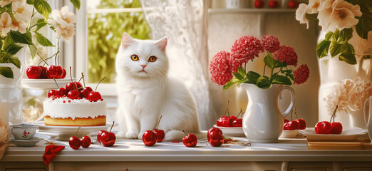 White cat surrounded by cherries, flowers, and cake in a bright kitchen setting, copy space for text.