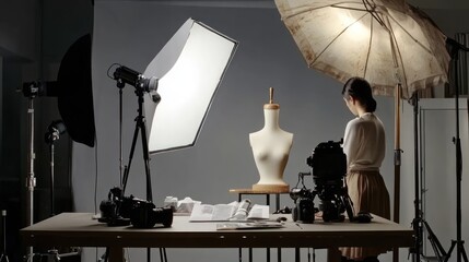 Photographer setting up studio with mannequin display