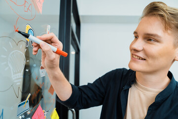 Professional caucasian male leader writing and sharing marketing idea by using mind map and sticky notes on glass board at modern meeting room. Creative business and planing concept. Immaculate.