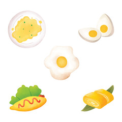 Vector collection of realistic eggs, fried egg, omelette, tamagoyaki, boiled eggs, sunny side up. Watercolor style illustration food. For sticker, asset, graphic element, book, clip art