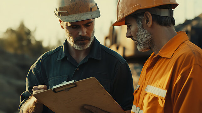 Senior lithium miner coaching apprentice on core drilling techniques. Featuring mentorship and experience - Powered by Adobe