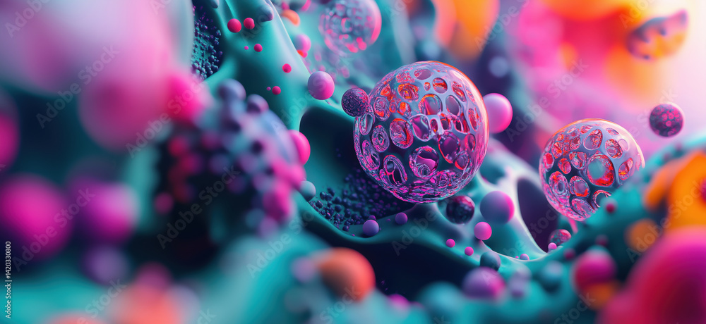 Poster colorful abstract representation of cells and microorganisms in a vibrant environment, copy space fo