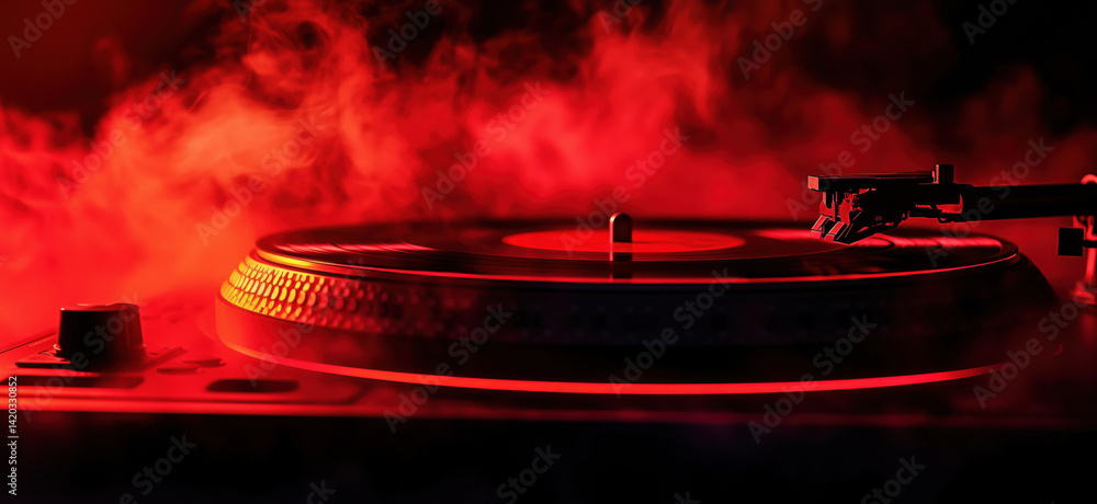 Poster vinyl record player with red smoke background creating a dramatic atmosphere, copy space for text.