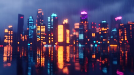 Obraz premium A vibrant city skyline at night, illuminated by colorful lights reflecting on wet surfaces. The scene is enhanced by a moody atmosphere with rain and clouds.