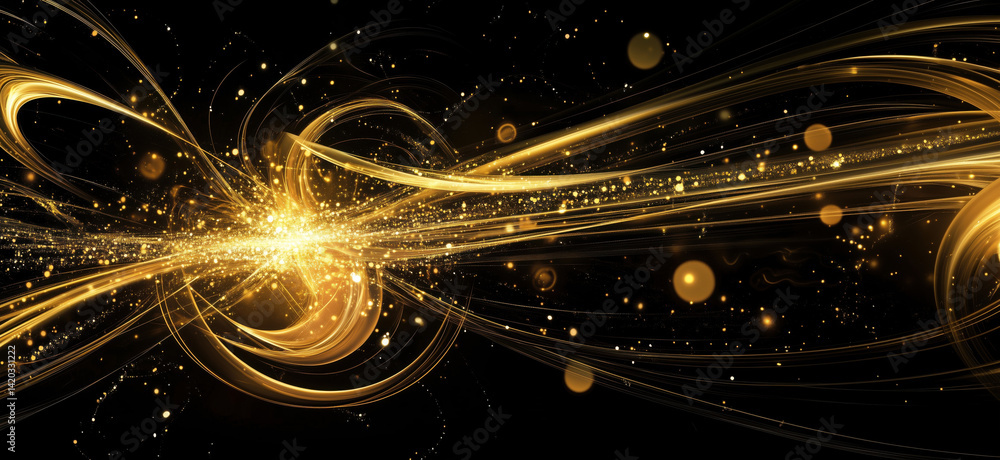 Poster golden abstract light trails and sparkles creating a dynamic visual effect, copy space for text.