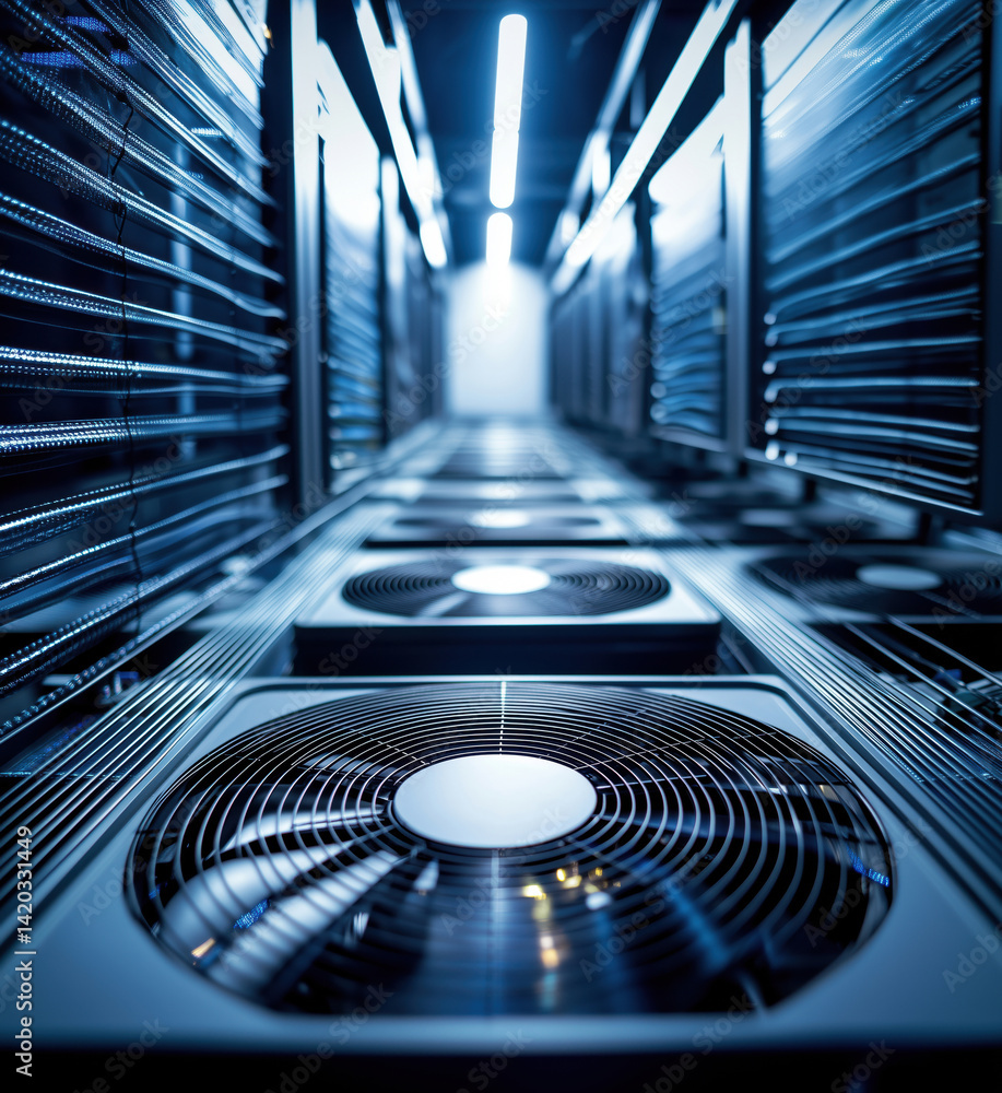 Poster cooling systems in data center with multiple fans and modern technology, copy space for text.