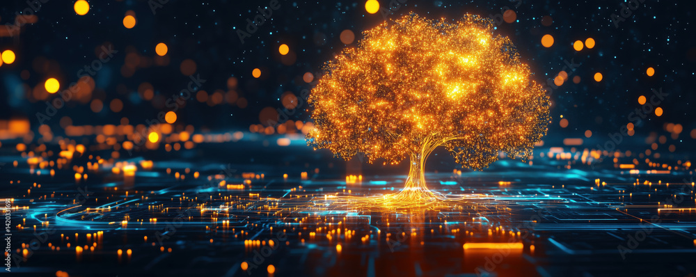 Poster digital tree glowing with lights on a circuit board background representing technology and nature, c