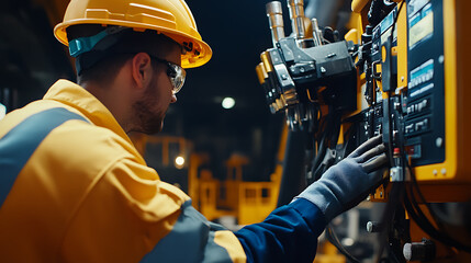 Technician adjusting drill equipment for deep extraction. Featuring technical proficiency and safety