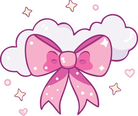 Cute Pink Bow on a Cloud with Stars and Hearts Illustration
