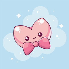 Adorable Pink Heart Character with Bow Tie on a Light Blue Cloud Background