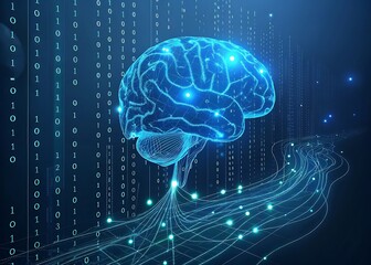 A digital brain made of glowing blue circuitry and data streams, with binary code flowing through the background. High-tech and futuristic, symbolizing artificial intelligence and neural networks.