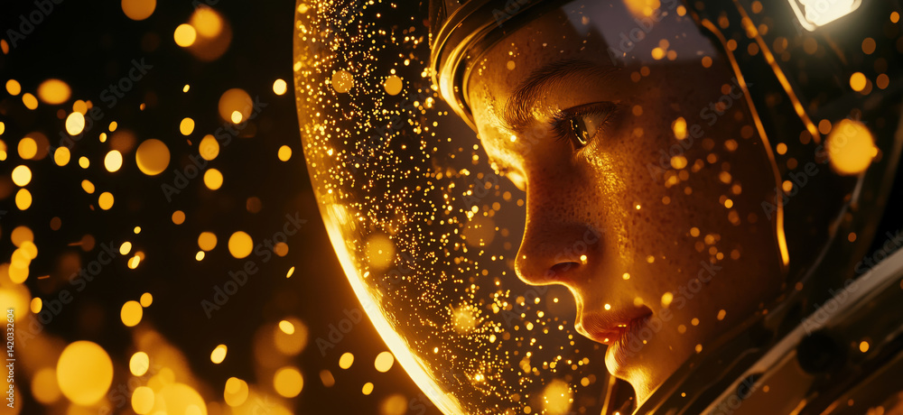 Poster astronaut portrait with glowing particles in space environment, copy space for text.