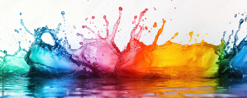 Poster colorful water splashes creating vibrant abstract patterns in a serene environment, copy space for t