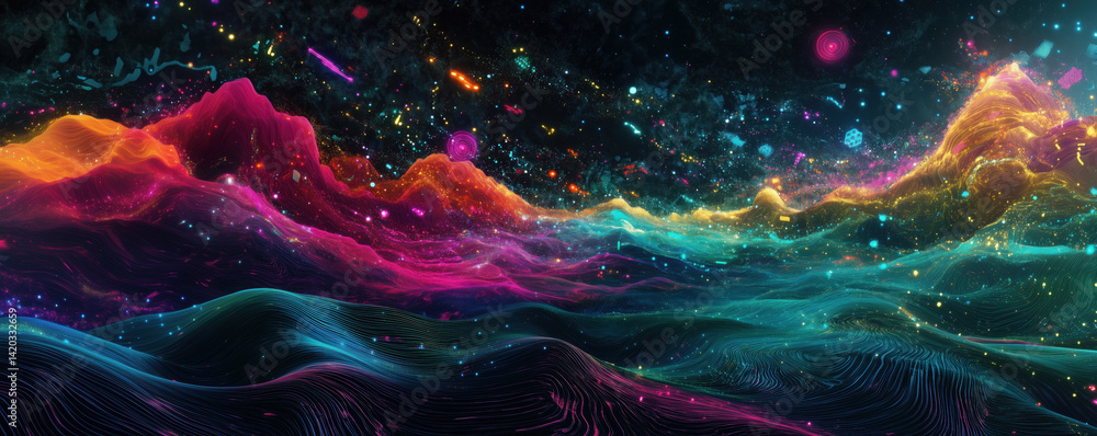 Poster vibrant abstract landscape with colorful waves and cosmic elements in digital art, copy space for te