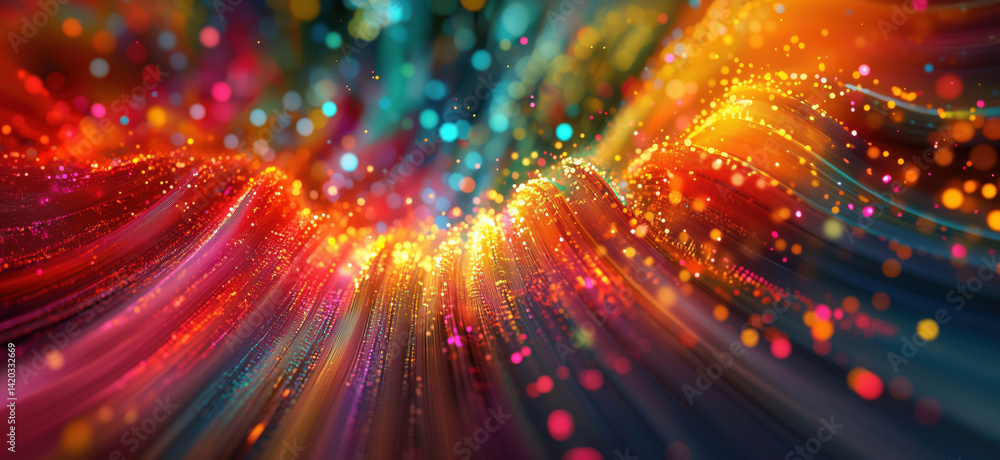 Poster vibrant abstract wave of colorful lights and particles creating dynamic visual effects, copy space f