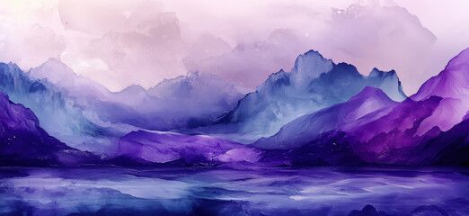 Stunning purple mountain landscape with serene lake and soft pastel sky, copy space for text.
