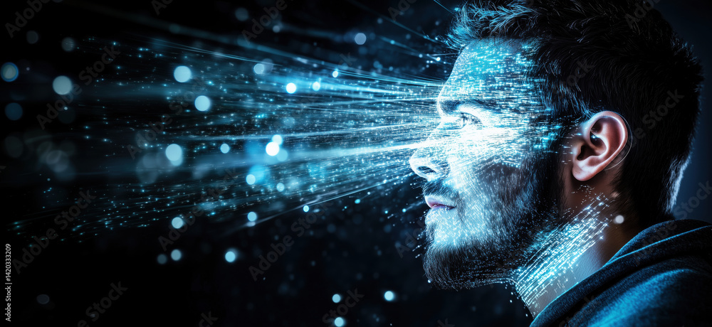 Poster digital transformation of human consciousness with data streams and technology, copy space for text.