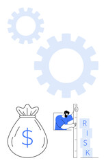 Large rotating gears, money bag with dollar sign, person measuring stacked blocks labeled RISK. Ideal for finance, management, strategy, business solutions, planning, operations simple landing page