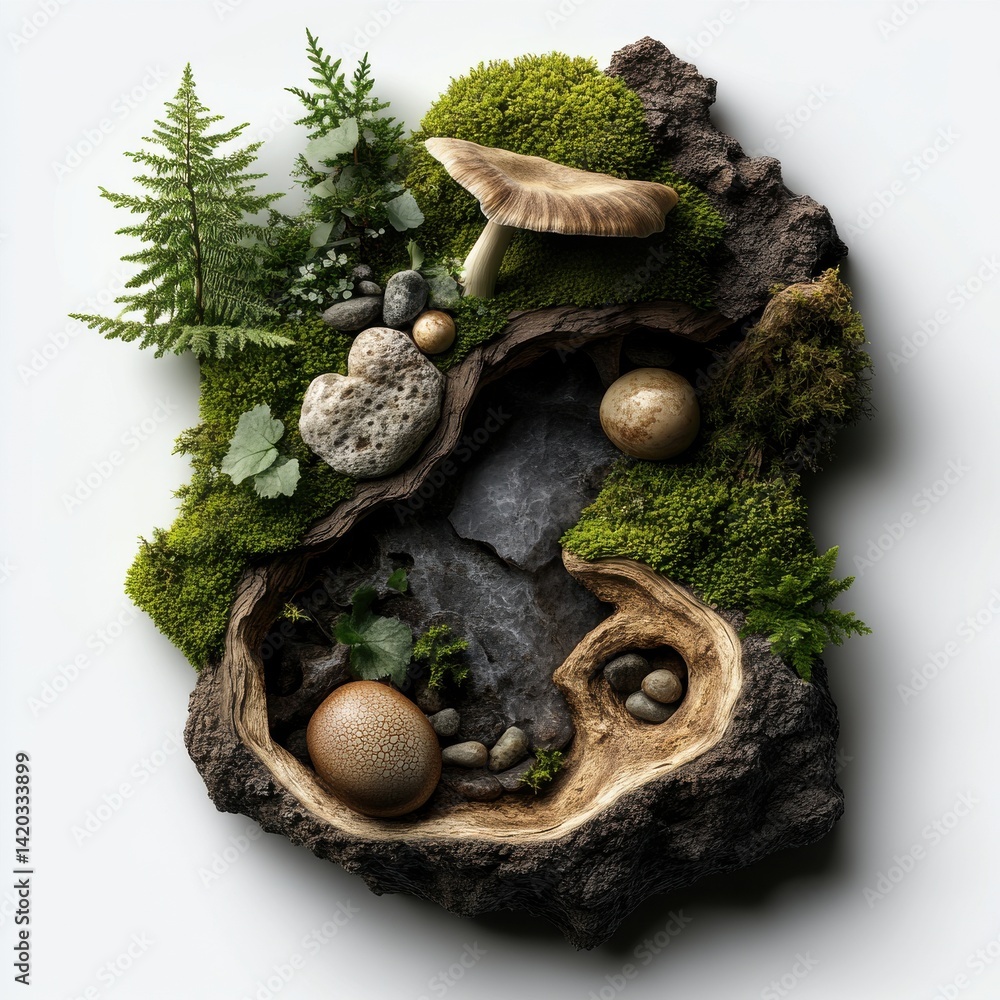 Poster A nature scene with a tree trunk and a mushroom
