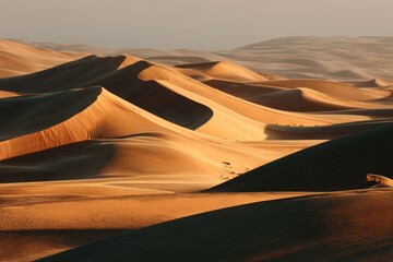Serene Desert Landscape Featuring Rolling Sand Dunes and Golden Sunlight Creating Dramatic Shadows on a Vast Expanse