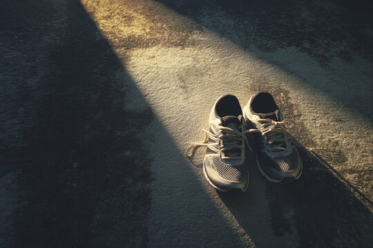 Running shoes bathed in sunlight on floor create a sense of readiness and motivation for an active lifestyle