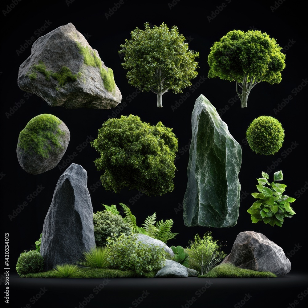 Poster a collection of various natural elements such as rocks, trees
