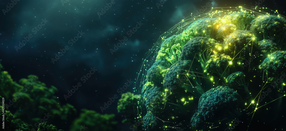 Poster futuristic digital forest with glowing trees and interconnected nodes in cosmic background, copy spa